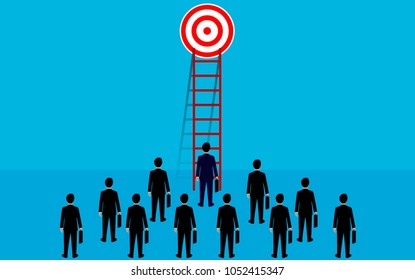 Businessmen looking for directions To success. Destination victory,  success concept with the idea: Reach the target. Ladder to successful business. Vector illustration