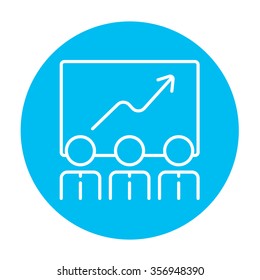 Businessmen looking at growing graph drawing on a board line icon for web, mobile and infographics. Vector white icon on the light blue circle isolated on white background.