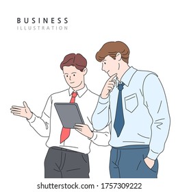Hombres de negocios mirando el concepto de tableta, línea vectorial de ilustración.
