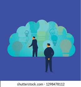 Businessmen looking through a brain idea window. Business creativity concept. - Vector