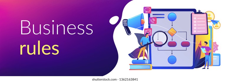 Businessmen with magnifier looking at business process flow chart. Business rules and regulation, main company policy, IT business analysis concept. Header or footer banner template with copy space.