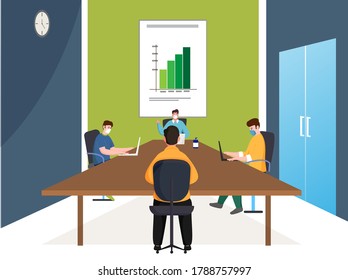 Businessmen Maintain Social Distance In Meeting Room And Wear Protective Mask For Avoid Corona Virus.