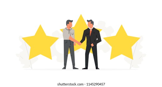 Businessmen make a contract before the big stars. Positive review, quality work, feedback, rating, evaluation system. Startup business presentations on white background
