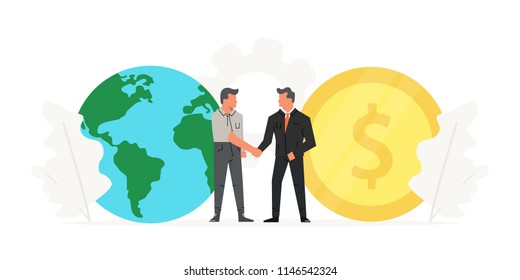 Businessmen make a contract before the big coin and world. Save planet, success, champion, victory, money. Startup business presentations on white background