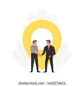 Businessmen make a contract before map pointer. Navigation, delivery, office location concept. Meeting place illustration design
