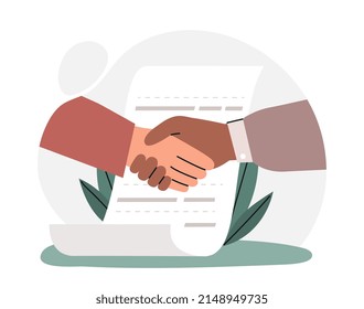 Businessmen make deal. Characters in costumes shake hands next to signed document. Entrepreneur got investment for business, organizations partnership metaphor. Cartoon flat vector illustration