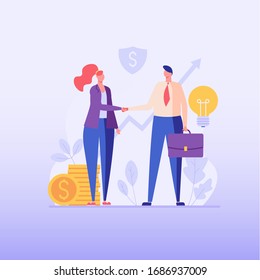 Businessmen make good deal. Business partners. Concept of partnership, business deal, agreement shaking hands, teamwork. Vector illustration in flat design for UI, web banner, mobile app