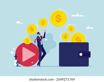 Businessmen make money online from videos. a successful content creator monetizing videos. Video monetization concept, earn money on internet, earn online