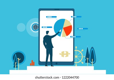 Businessmen makes changes  on the tablet, reading the data and control situation
