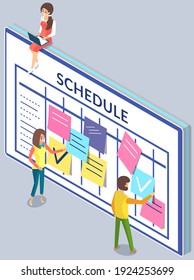 Businessmen makes a weekly schedule, marks in plan. Time management, business planning concept. Calendar schedule isometric concept web infographics vector illustration. Micro people and big schedule