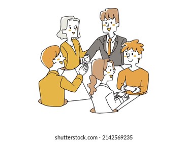 Businessmen Making Connections, Comical Handwritten Figures, Vector, Line Drawing And Color