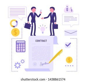 Businessmen Making Contract Agreement. Male Managers Signing Legal Document For Corporate Partnership, Making Business Deal To Start New Project. Vector Abstract Illustration With Faceless Character