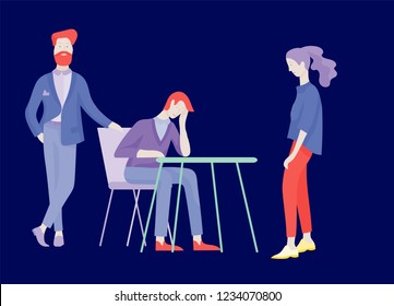 Businessmen making handshake, business etiquette, merger concepts office workers, clerks or managers talking to each other, discussing, depressed Tired male and female office workers sitting, sleeping