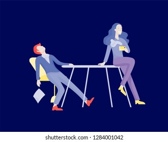 Businessmen making handshake, business etiquette, merger concepts office workers, clerks or managers talking to each other, discussing, depressed Tired male and female office workers sitting, sleeping