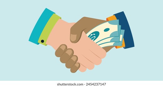 Businessmen making handshake with money in hands. Successful deal. Money in the palm. Banknotes in hand. Corrupt partnership conceptual vector illustration.