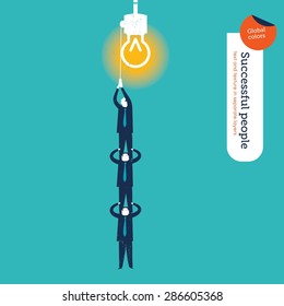 Businessmen making a human pyramid to turn on a lamp. Vector illustration Eps10 file. Global colors&layers.