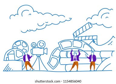 Businessmen Making Movie Process Creating Video Film Production Cinematography Concept People Hardworking Process Sketch Doodle Horizontal Vector Illustration