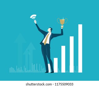Businessmen making selfie on the phone with trophy. Seccsess and share information 
