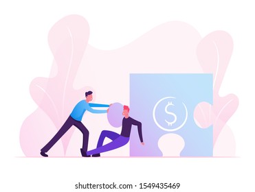 Businessmen Male Characters Pushing Huge Puzzle Element with Dollar Sign to Set Up Construction. Team Metaphor. Business People Teamwork Cooperation and Partnership. Cartoon Flat Vector Illustration