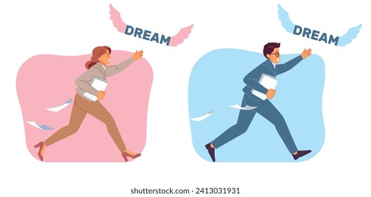 Businessmen man and woman chasing dream. Male and female office characters running, hunting profit, career development and business inspiration. Cartoon flat isolated vector concept