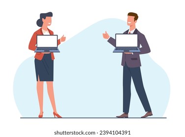 Businessmen man and woman holding laptop and showing thumbs up. Office workers in suits standing, approval gesture. Online working, people using pc. Cartoon flat isolated vector concept