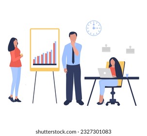 Businessmen man and woman presents growing statistic graph