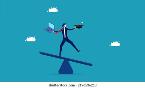 Businessmen manage work and study on the scale. vector illustration