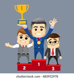 Businessmen or managers on the podium. Cartoon vector image. Manager character as a winner. Golden cup in hand. first place, champions, happy manager characters. Flat illustration.