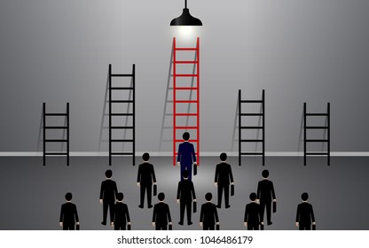 Businessmen many looking for directions To success. destination, victory  to successful concept with idea light bulb. leadership. Ladder red goal business. creative. vector illustration