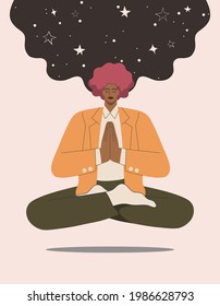 Empresarios Meditando en concentrado yoga relajan la posición del loto, en el despacho. Ilustraciones de diseño de vectores aisladas en fondo blanco.
