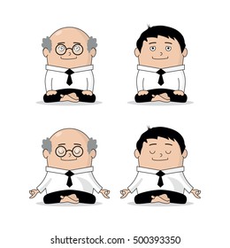 businessmen, meditating, relaxing in sitting position,  illustration isolated on white background