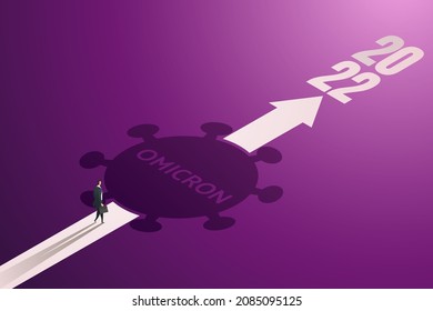 Businessmen meet Omicron Covid-19 coronavirus outbreak on business path in 2022, business challenges, concepts, obstacles from the novel coronavirus outbreak. isometric vector illustration.