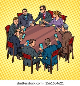 businessmen meeting man and woman. smartphones gadgets technology. Pop art retro vector illustration drawing