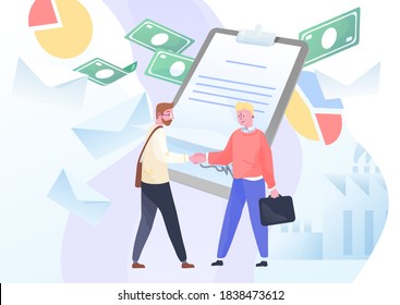 Businessmen meeting, sign of contract. Concept of business cooperation, partnership, startup investment. Partners shaking hands. Vector illustration in flat cartoon style