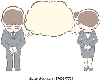 Businessmen men and women in bows, apologies and bowing poses,with speech bubble,chibi style