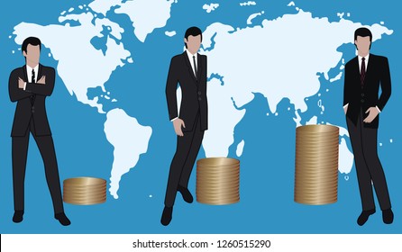 Businessmen modern in business suits - coins - world map - vector Financial Success Concept