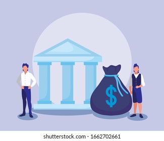 Businessmen with money bag and bank design, business management corporate job occupation strategy worker and professional theme Vector illustration
