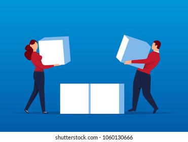 Businessmen move cubes together