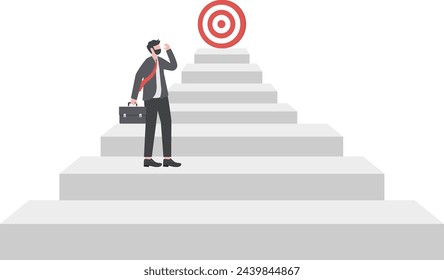 Businessmen move up the ladder to the goal in the form of a target.career goal Symbol of motivation, ambition, aspiration, success vector.

