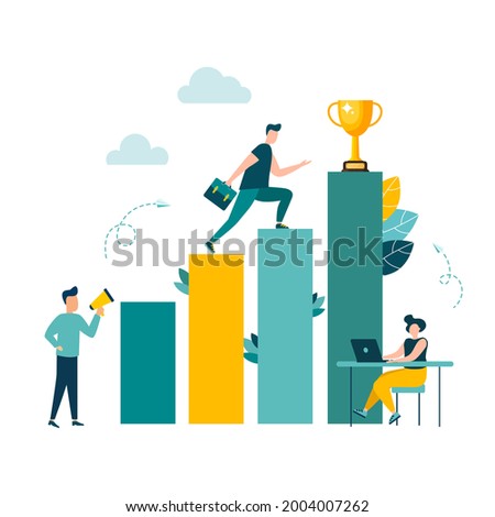 Businessmen move up the ladder to the goal in the form of a gold cup, career planning, the path to the goal. Vector illustration isolated background. motivation
