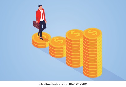 Businessmen move towards stacking higher gold coins, career development and business growth
