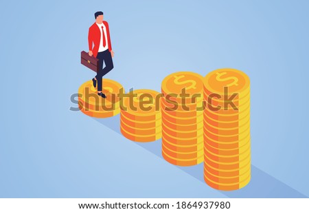 Businessmen move towards stacking higher gold coins, career development and business growth