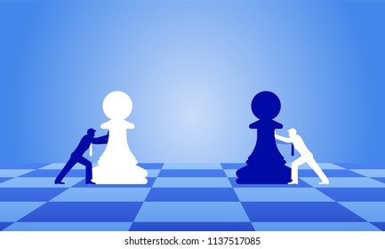 Businessmen moving chess pieces on chess board. Man in suits with chess. Concept of business or politics.
