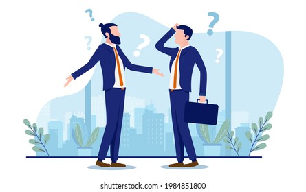 Businessmen not knowing what to do - Two colleagues with question marks wondering about unknown. Work confusion concept. Vector illustration with white background.