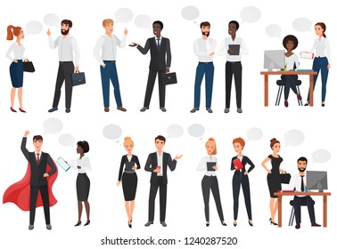 Businessmen, office business people discussion, talking chat, dialogue speech bubbles vector illustration.