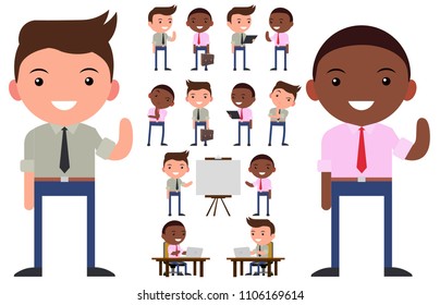 Businessmen office double coworkers character cartoon vector office worker ethnicities set 