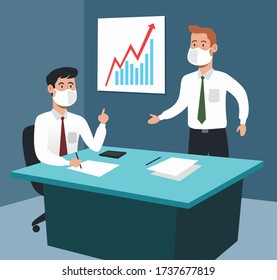 businessmen in the office meeting with documents strategy and contactless, vector illustration