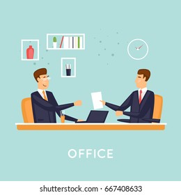 Businessmen in the office, meeting. Flat vector illustration in cartoon style.