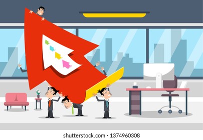 Businessmen in Office Room with Big Red Arrow. Success in Business Concept. Vector Design.