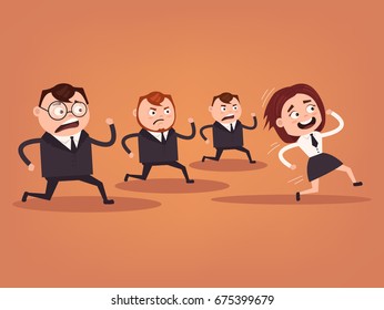 Businessmen office workers characters running. Competition concept. Woman winner. Vector flat cartoon illustration